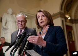 House Democratic Leader Nancy Pelosi of California, and Senate Democratic Leader Chuck Schumer of New York speak to reporters about the Congressional Budget Office projection that 14 million people would lose health coverage under the House Republican bill dismantling former President Barack Obama's health care law, on Capitol Hill in Washington, March, 13, 2017.