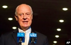 U.N. Special Envoy for Syria Staffan de Mistura speaks during a news conference, Nov. 19, 2015, at U.N. headquarters.