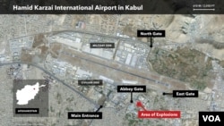 A map of the airport in Kabul, Afghanistan, showing the location of two explosions on Aug. 26, 2021.