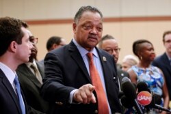 Rev. Jesse Jackson addresses reporters at the start of the Rainbow PUSH Coalition Annual International Convention in Chicago, July 2, 2019.
