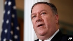 Menteri Luar Negeri AS Mike Pompo dalam konferensi pers di Departemen Luar Negeri AS di Washington, 17 September 2018. 