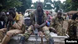 Des combattants de la Séléka assis dans une camionnette dans la ville de Goya, en République centrafricaine, le 11 juin 2014.
