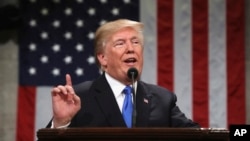 Presiden Donald Trump memberikan pidato kenegaraannya yang pertama di Gedung Capitol, 30 Januari 2018.
