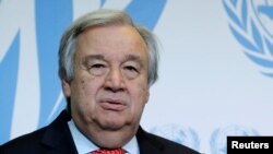លោក António Guterres អគ្គលេខាធិការ​អង្គការ​សហប្រជាជាតិ​ថ្លែង​សុន្ទរកថា នៅ​សាកលវិទ្យាល័យ University of Geneva នៅ​ក្នុង​ក្រុង​ហ្សឺណែវ ប្រទេស​ស្វ៊ីស កាលពី​ថ្ងៃទី២៤ ខែឧសភា ឆ្នាំ២០១៨។