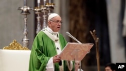 Pope Francis delivers his speech during a Mass for the closing of the synod of bishops in St. Peter's Basilica at the Vatican, Sunday, Oct. 28, 2018.