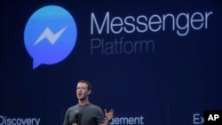 FILE - CEO Mark Zuckerberg talks about the Messenger app during a Facebook developer conference March 25, 2015, in San Francisco, California.