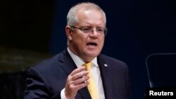 រូបឯកសារ៖ លោក Scott Morrison នាយករដ្ឋ​មន្ត្រី​អូស្ត្រាលី ថ្លែង​ក្នុង​សម័យ​ប្រជុំ​​អង្គការ​សហប្រជាជាតិ​ លើក​ទី​៧៤ នៅ​ទីក្រុង​ញូវយ៉ក កាល​ពី​ខែ កញ្ញា ២០១៩។