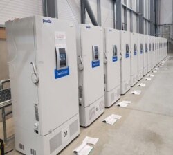 Specialist freezers await distribution of the coronavirus disease (COVID-19) vaccines to the NHS from a secure location in Britain this undated handout obtained Dec. 5, 2020. (Public Health England/Handout via Reuters)