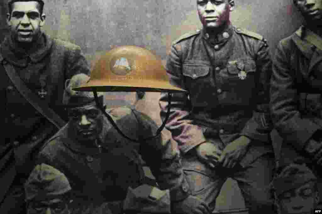 A helmet from the World War I Harlem Hellfighters is on display during a press preview at the Smithsonian's National Museum of African American History and Culture in Washington on Sept. 14, 2016.