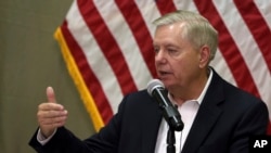 U.S. Senator Lindsey Graham speaks during a press conference at the Resolute Support headquarters in Kabul, Dec. 16, 2019.
