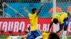 Brazil players celebrate after scoring a third goal during the group A World Cup soccer match against Croatia in the opening game of the tournament at Itaquerao Stadium in Sao Paulo, Brazil, June 12, 2014. 