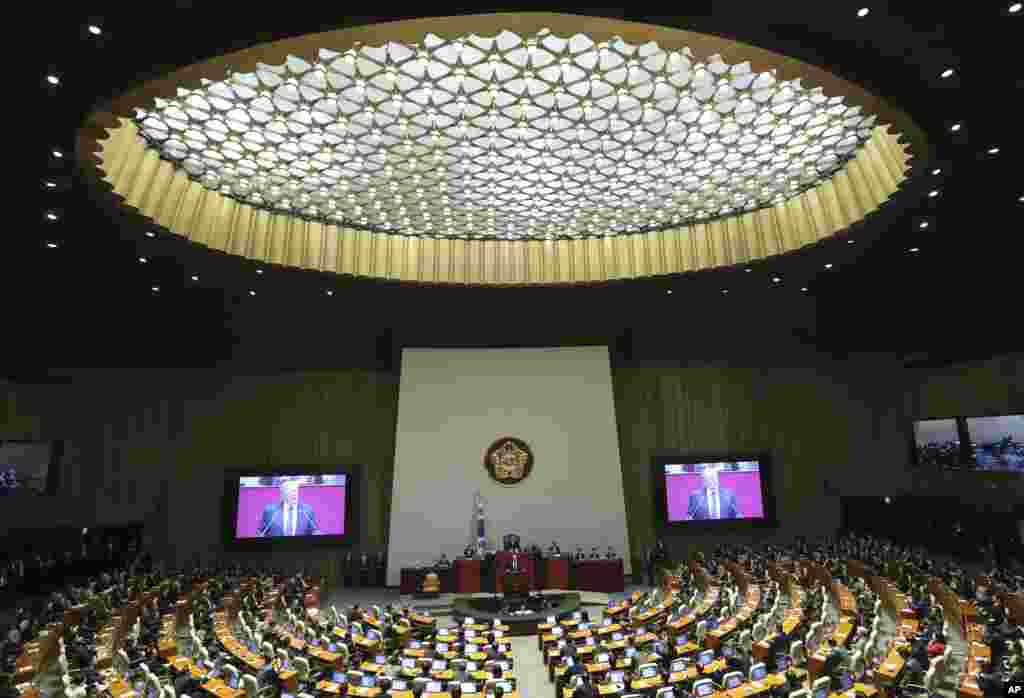 President Trump warns North Korea not to &quot;try us&quot; in a speech delivered at the National Assembly in Seoul, Nov. 8, 2017, hours after his surprise visit to the heavily fortified Korean demilitarized zone was thwarted by bad weather.