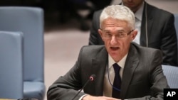 FILE - Mark Lowcock, U.N. Humanitarian Affairs Emergency and Relief Coordinator, addresses the United Nations Security Council, at U.N. headquarters in New York, Oct. 23, 2018.