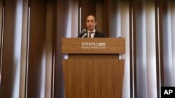 FILE - Tomas Ojea Quintana, the United Nations special rapporteur on the situation of human rights in North Korea, speaks during a press conference in Seoul, South Korea, June 21, 2019. 