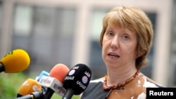European Union foreign policy chief Catherine Ashton speaks during a meeting of European Union (EU) foreign ministers at the EU Council in Brussels, Aug.15, 2014.