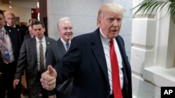 President Donald Trump and Health and Human Services Secretary Tom Price arrive on Capitol Hill in Washington, March 21, 2017, to rally support for the Republican health care overhaul by taking his case directly to GOP lawmakers. 