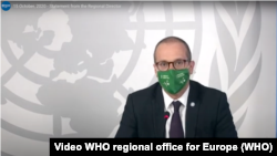 Кадр з відео звернення регіонального директора ВООЗ у Єропі Ганса Клюґе 15 жовтня 2020 р.