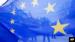 FILE - Pro-European Union activists are seen through a EU flag during a rally in front of Ukrainian Interior Ministry building in Kyiv, Ukraine, Dec. 17, 2013. 