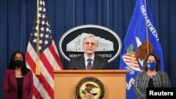 U.S. Attorney General Merrick Garland speaks at the Department of Justice in Washington, April 26, 2021.