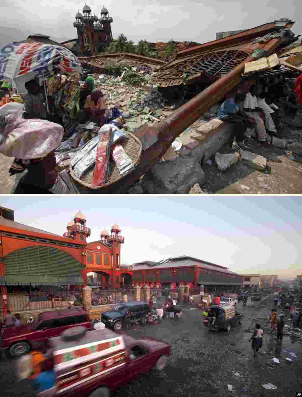 Gambar atas: Orang-orang menjual barang di luar reruntuhan Pasar Besi tua, sebulan setelah gempa bumi di Port - au -Prince, Haiti,&nbsp;15 Februari 2010 . Gambar&nbsp;bawah: Pasar telah dibangun kembali oleh​ perusahaan&nbsp;telepon selular Digicel,&nbsp;perusahaan terbesar di Haiti,​&nbsp;10 Januari 2015.